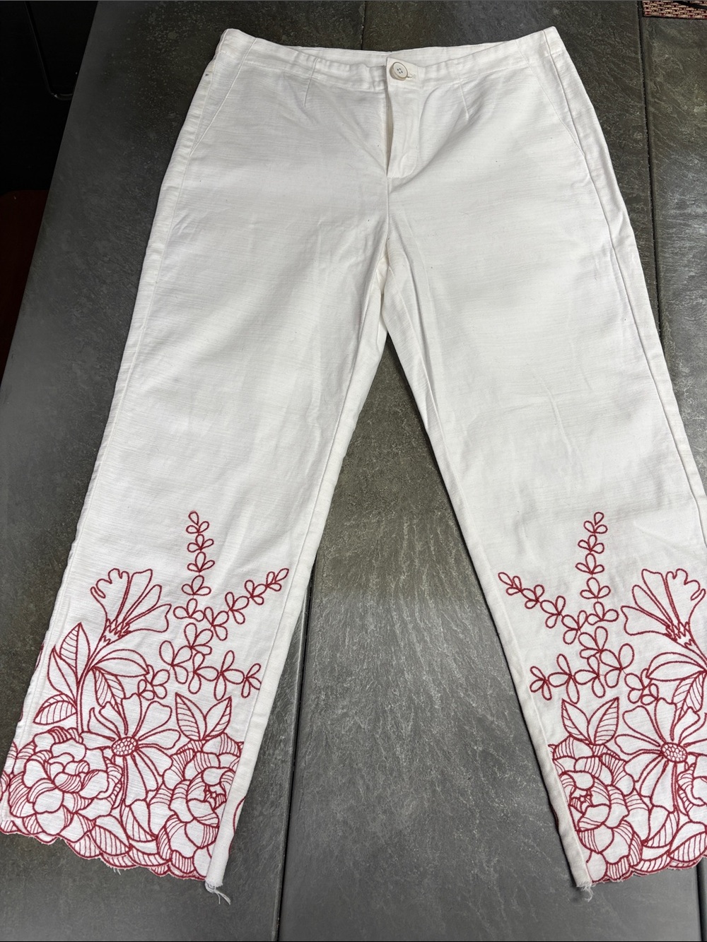 White Linen Pants with Red Floral Embroidery